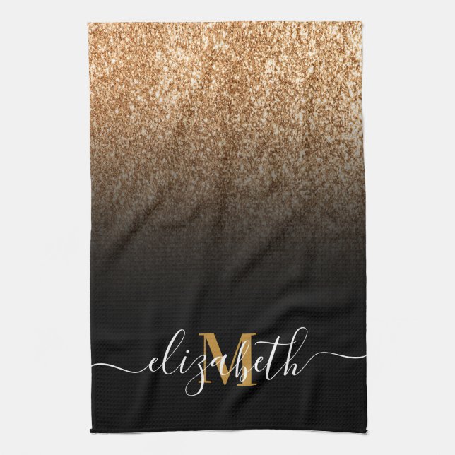 Black and Golden Glitter Monogram Kitchen Towel (Vertical)