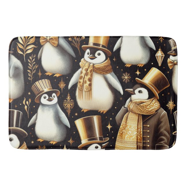 Black and Golden Penguin Bath Mat (Front)
