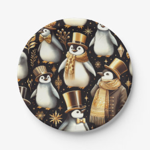 Black and Golden Penguin Paper Plate