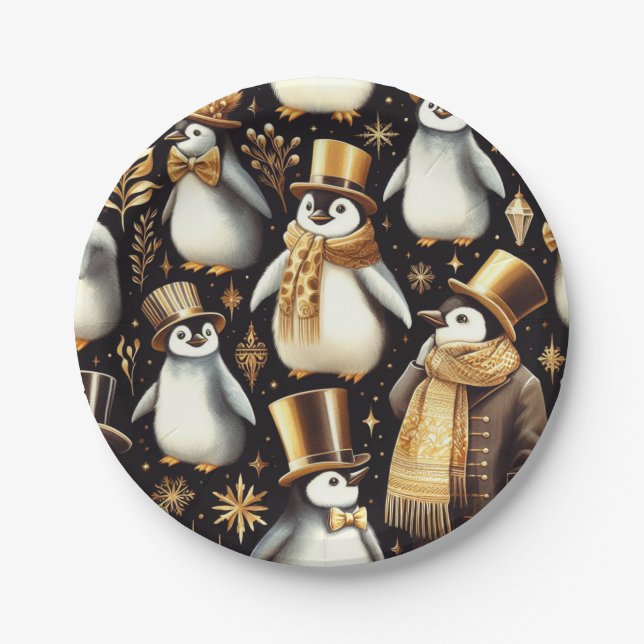 Black and Golden Penguin Paper Plate (Front)
