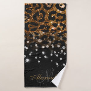 Black and Golden Sparkle Leopard Print Bath Towel Set