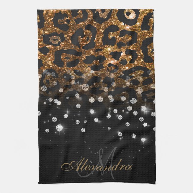 Black and Golden Sparkle Leopard Print Kitchen Towel (Vertical)