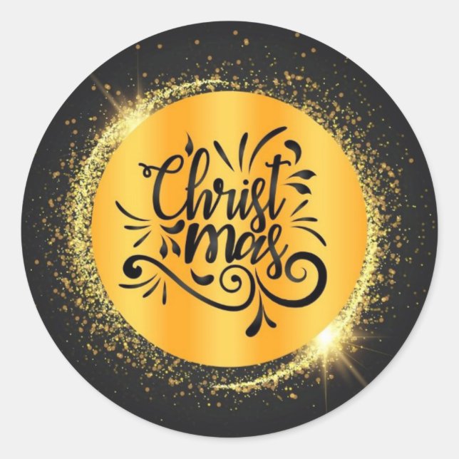 Black and Golden Sparkling Christmas Classic Round Sticker (Front)