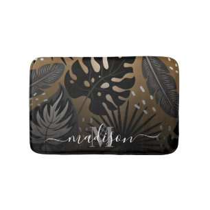 Black and Golden Tropical Leaves Bath Mat