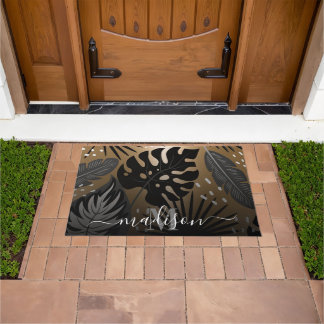 Black and Golden Tropical Leaves Doormat