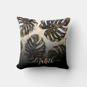 Black and Golden Tropical Leaves Throw Pillow