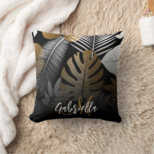Black and Golden Tropical Leaves Throw Pillow