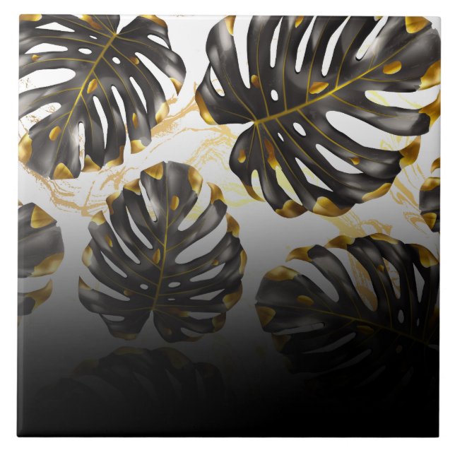 Black and Golden Tropical Leaves Tile (Front)
