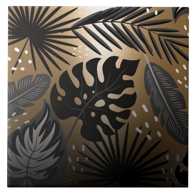 Black and Golden Tropical Leaves Tile (Front)