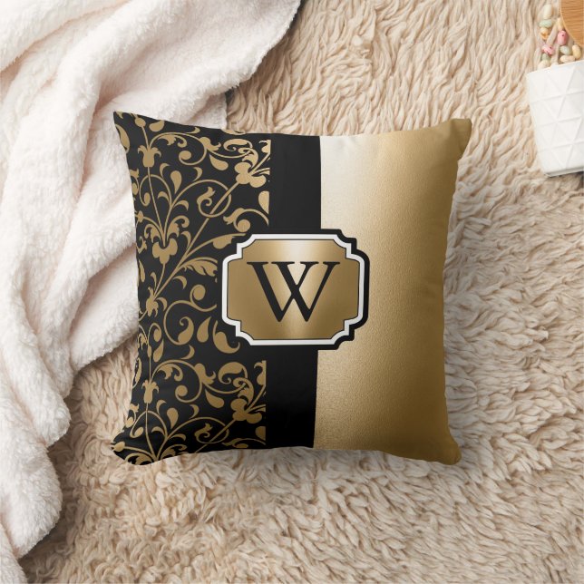 Black and Golden Vintage Floral Throw Pillow (Blanket)