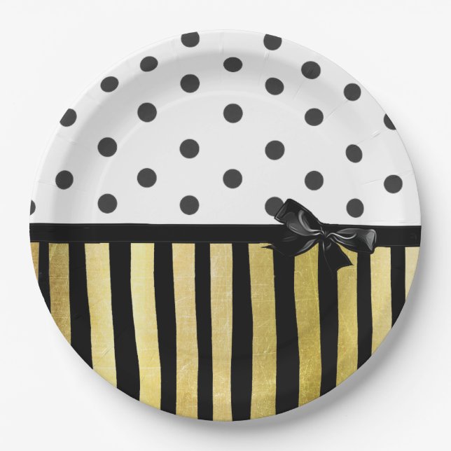 Black and Gpld Polka Dot Striped  Paper Plate (Front)