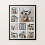 Black and Gray 8 Photo Collage - classic monogram Jigsaw Puzzle<br><div class="desc">Use square photos for this design. Use eight square photos to create a photo grid with a personal monogram. A fun design with different size photos and a solid background. Or keep the hipster puppy and make a trendy keepsake. For best results, crop your photos into squares before uploading. This...</div>