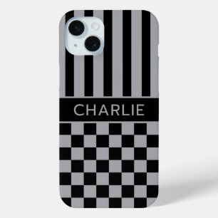 Black and Gray Checkered Striped Personalized iPhone 15 Mini Case