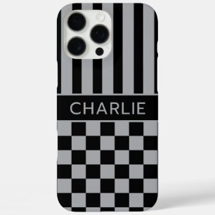 Black and Gray Checkered Striped Personalized iPhone 16 Pro Max Case