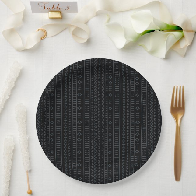 Black And Gray Designer Mudcloth Paper Plate (Wedding)