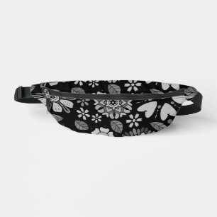 Black And Gray Retro Floral Art Seamless Pattern Fanny Pack