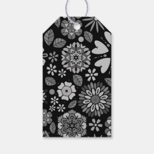 Black And Gray Retro Floral Art Seamless Pattern Gift Tags