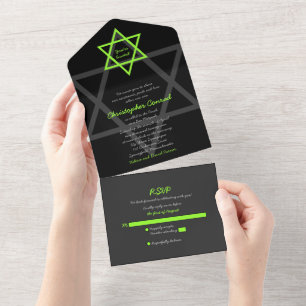 Black and Green Bar Mitzvah RSVP All In One Invitation