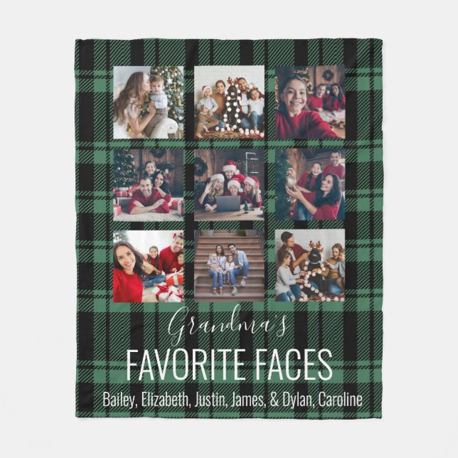 Black and Green Buffalo Plaid Personalized 9 Photo Fleece Blanket (Front)