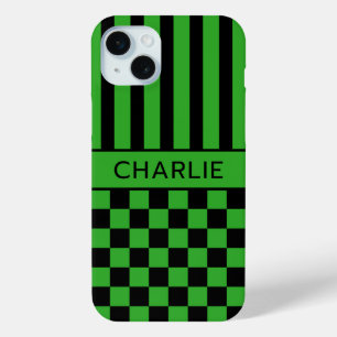 Black and Green Chequered Striped Personalized iPhone 15 Mini Case