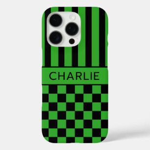 Black and Green Chequered Striped Personalized iPhone 16 Pro Case
