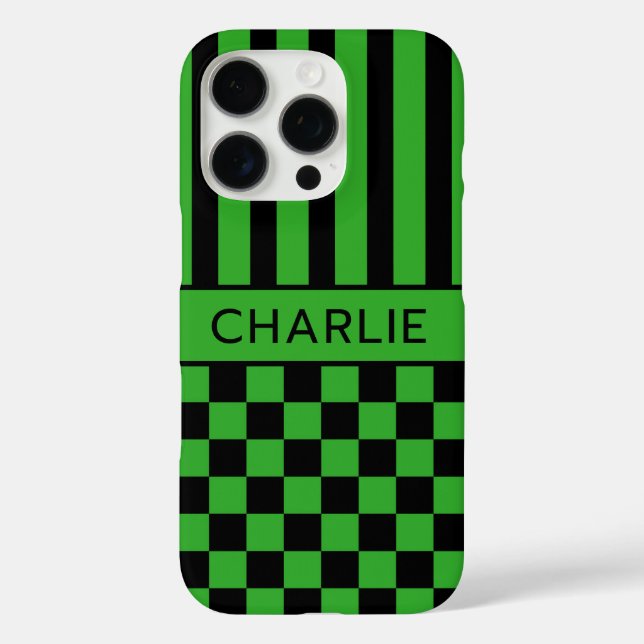 Black and Green Chequered Striped Personalized Case-Mate iPhone Case (Back)