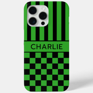 Black and Green Chequered Striped Personalized iPhone 15 Pro Max Case