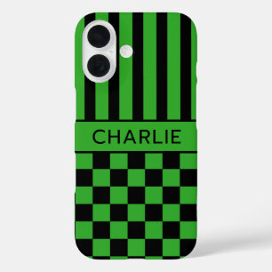 Black and Green Chequered Striped Personalized iPhone 16 Case