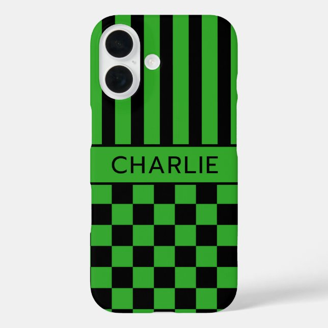 Black and Green Chequered Striped Personalized Case-Mate iPhone Case (Back)