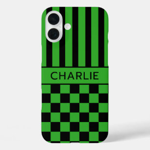 Black and Green Chequered Striped Personalized iPhone 16 Plus Case