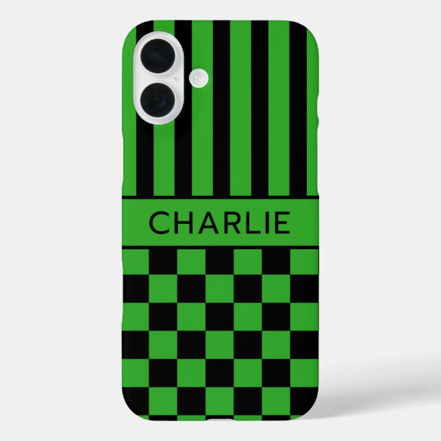 Black and Green Chequered Striped Personalized Case-Mate iPhone Case (Back)