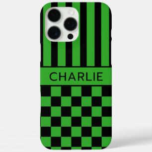 Black and Green Chequered Striped Personalized iPhone 16 Pro Max Case