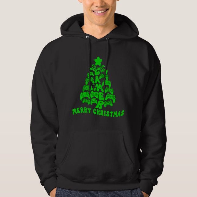 Black and Green Christmas Tree with Controllers Hoodie (Front)