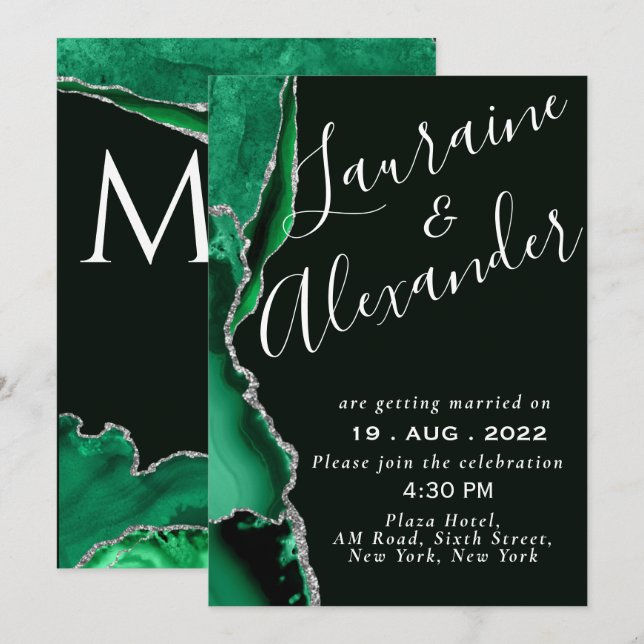 Black and green emerald glitter agate marble  invitation (Front/Back)