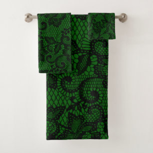 Black And Green Faux Lace  Bath Towel Set
