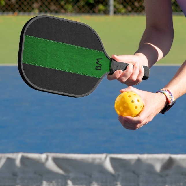 Black and green faux leather stripes pickleball paddle (Insitu)