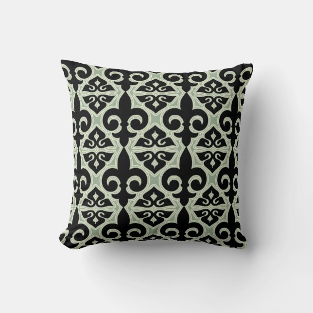 Black and Green Fleur De Lis Pattern Throw Pillow (Front)