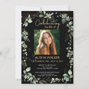 Black and Green Foliage Photo Memorial Service Invitation