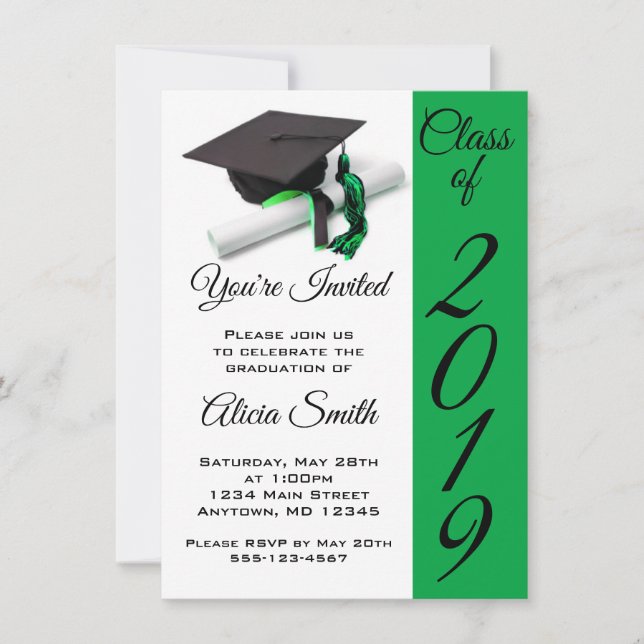 Black and Green Graduation Cap and Tassel Invitation (Front)