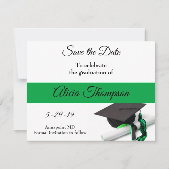 Black and Green Graduation Cap and Tassel Save The Date (Front)