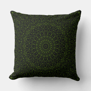 Black and Green Mandala Kaleidoscope Medallion Throw Pillow