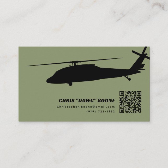 Black and Green Modern Blackhawk Helicopter Business Card (Front)