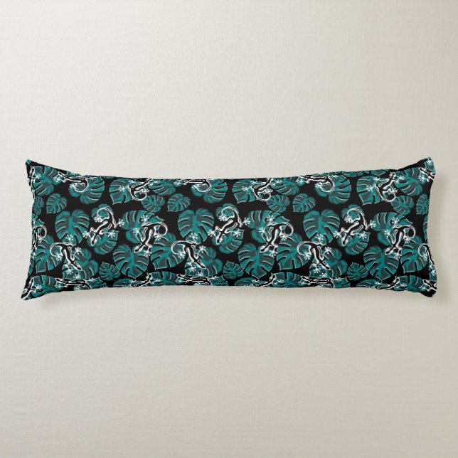 Black And Green Pattern - Geckos And Leaves Body Pillow (Front)