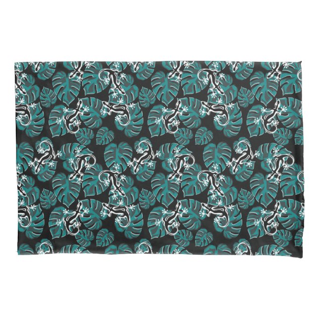 Black And Green Pattern - Geckos And Leaves Pillowcase (Front)