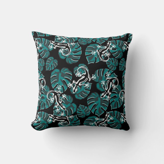 Black And Green Pattern - Geckos And Leaves Throw Pillow (Front)