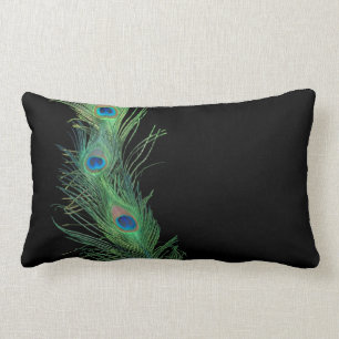 Black and Green Peacock Feathers Lumbar Pillow