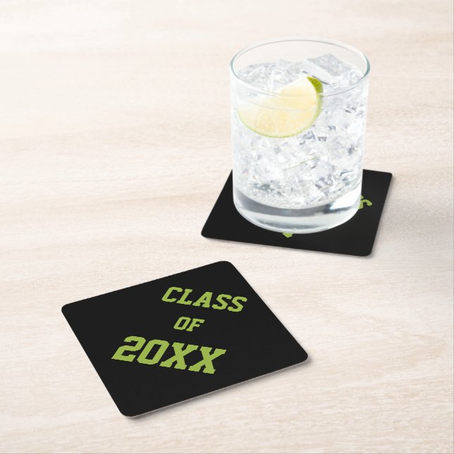 Black and Green School Colours and Class Year Paper Coaster (Insitu)
