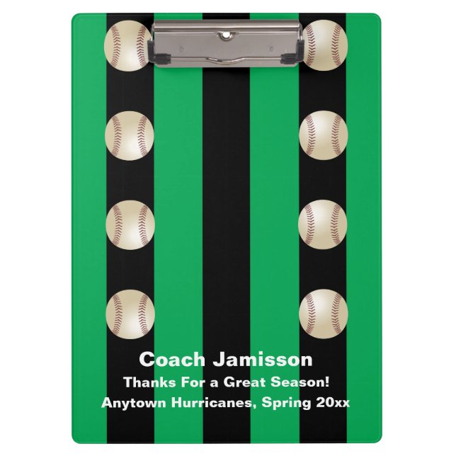Black and Green Stripe, Name, Baseball Coach Clipboard (Front)