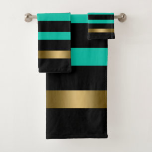 Black and  green stripes pattern gold accents  bath towel set