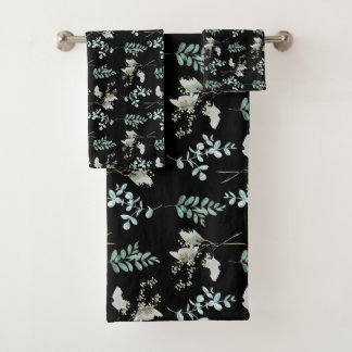 Black and Green Trendy Botanical Leaves Bath Towel Set